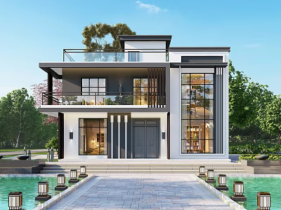 Modern Detached Villa Exterior With Large Windows Glass Balcony And Poolside Lanterns 3d model