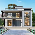 Modern Detached Villa Exterior With Large Windows Glass Balcony And Poolside Lanterns