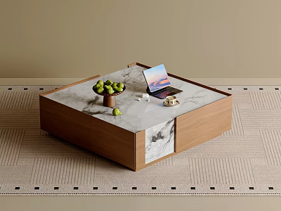 Modern Coffee Table With Marble Top Wooden Base And Green Apples Laptop In Living Room 3d model