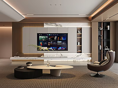 Modern Living Room Interior with Wall-Mounted TV Leather Chair Round Coffee Table and Warm Lighting 3d model