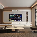 Modern Living Room Interior with Wall-Mounted TV Leather Chair Round Coffee Table and Warm Lighting