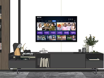 Modern Minimalist TV Stand In Living Room With Potted Plant Books And Decor 3d model