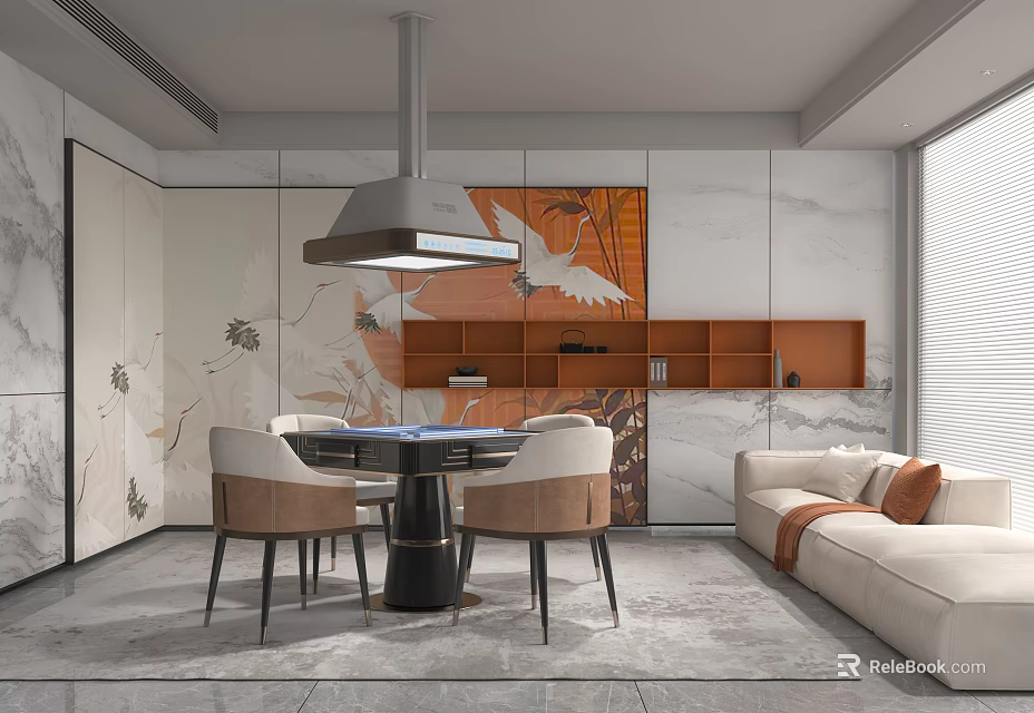 Modern Hotel Mahjong Room Interior With Comfortable Chairs Tables And Decorative Art 3d model 
