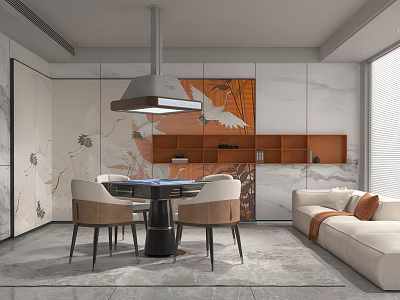Modern Hotel Mahjong Room Interior With Comfortable Chairs Tables And Decorative Art 3d model