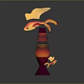Artistic Red Lamp Installation Displaying Goldfish With Yellow Wings And Red Reflective Base