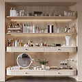 Perfumes and Cosmetics Display on Organized Shelves with Multiple Layers Bottles Jars Mirror and Plant