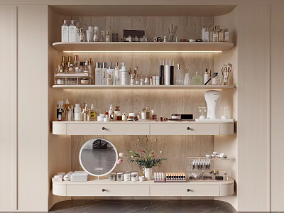 Perfumes and Cosmetics Display on Organized Shelves with Multiple Layers Bottles Jars Mirror and Plant 3d model