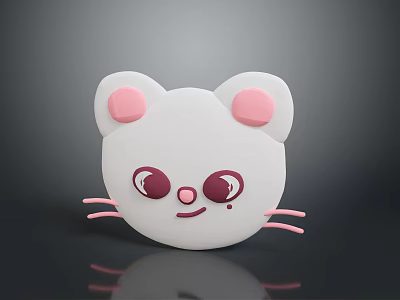 Cute White Cartoon Cat Head With Pink Ears Whiskers And Big Eyes 3d model