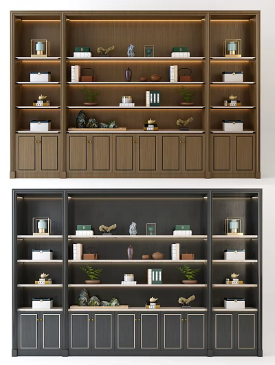 Stylish Decorative Cabinet With Books Green Plants And Ornaments On Shelves 3d model