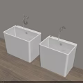 Wall Mounted White Square Washbasins With Silver Faucets On Light Colored Wall And Wooden Floor