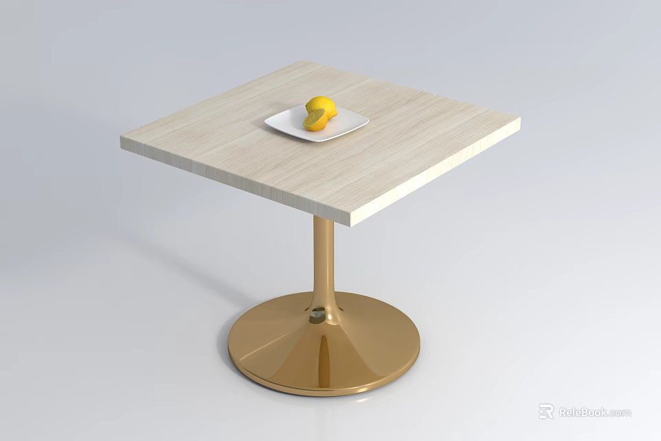 Contemporary Coffee Table With Light Wood Top Gold Metal Base White Plate And Yellow Lemon 3d model 