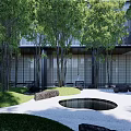 Modern Garden Landscape With Glass Curtain Walls Trees And Open Courtyard Paving