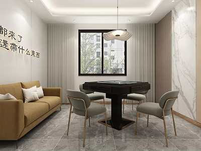 Modern Hotel Mahjong Room With Table Gray Chairs Sofa Bright Window And Marble Wall 3d model