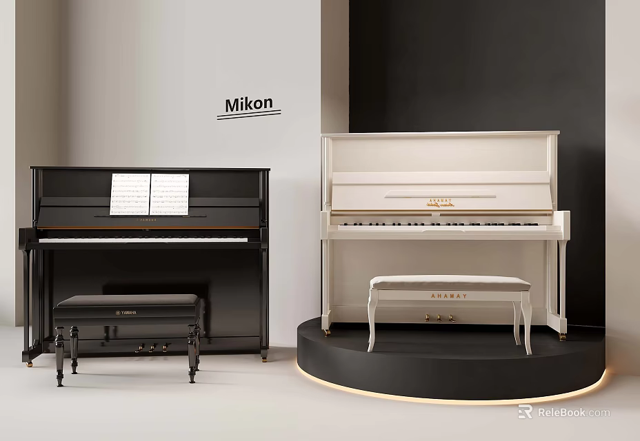 Mikon Upright Pianos Black And White With Matching Benches In Modern 3d model 