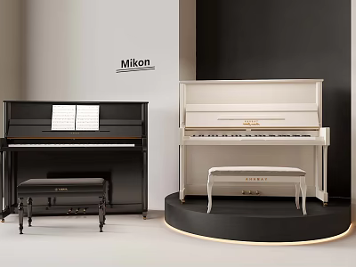Mikon Upright Pianos Black And White With Matching Benches In Modern 3d model