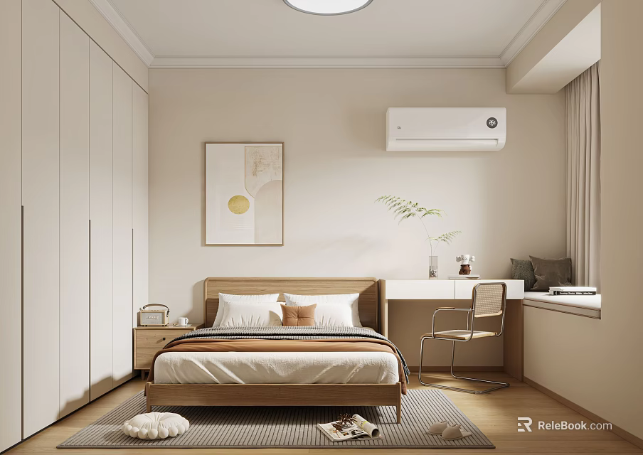Modern Minimalist Bedroom Interior With Wooden Bed Wardrobe Desk Chair Decorative Painting And Rug 3d model 