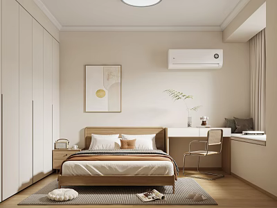 Modern Minimalist Bedroom Interior With Wooden Bed Wardrobe Desk Chair Decorative Painting And Rug 3d model