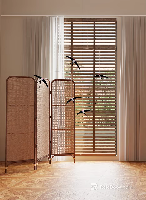 Wicker Screen Room Divider In Interior With Blinds Curtains And Birds 3d model