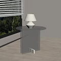 Gray Round Side Table with Lamp by Window with Blinds and Green Trees 3d model