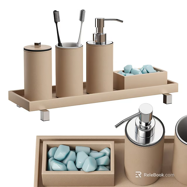 Beige Bathroom Essentials Storage Tray with Soap Dispenser and Blue Soap Bars Holder 3d model