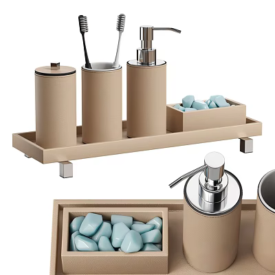 Beige Bathroom Essentials Storage Tray with Soap Dispenser and Blue Soap Bars Holder 3d model