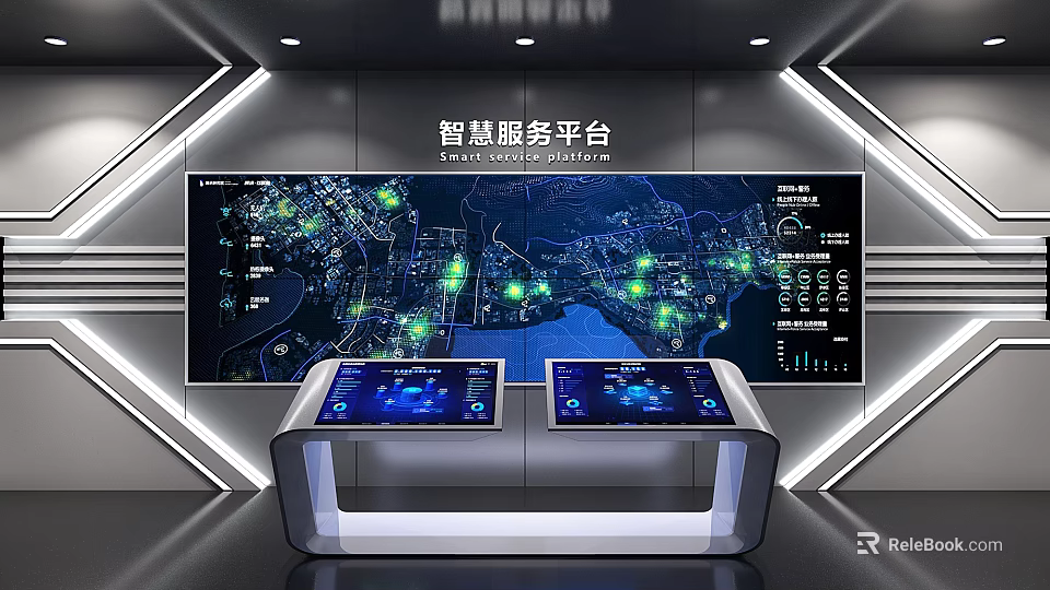 Smart Exhibition Hall With Smart Service Platform Large Screen Map Green Lights And Touchscreen Displays 3d model 