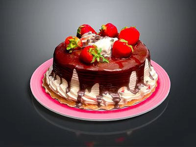 Chocolate Cake Topped With Fresh Strawberries Whipped Cream And Chocolate Drizzle On Pink Plate 3d model
