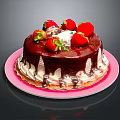 Chocolate Cake Topped With Fresh Strawberries Whipped Cream And Chocolate Drizzle On Pink Plate