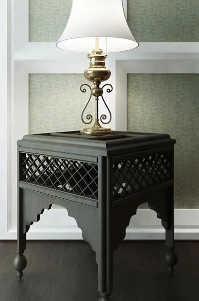 Black Side Table with Lattice Design and Decorative Legs Topped with Ornate Metal Ornament 3d model