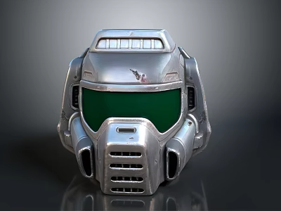 Silver Metallic Sci Fi Helmet Design With Green Visor And Ventilation Grills 3d model