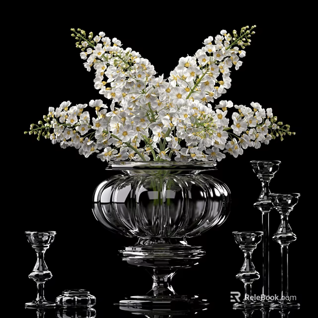 Decorative Transparent Glass Vase With Fresh White Flowers And Glass Candle Holders 3d model 