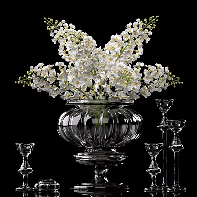 Decorative Transparent Glass Vase With Fresh White Flowers And Glass Candle Holders 3d model