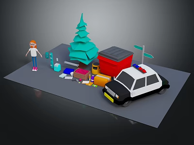 Green Christmas Tree Plant with Girl Packages Police Car and Mailbox 3d model