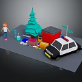 Green Christmas Tree Plant with Girl Packages Police Car and Mailbox