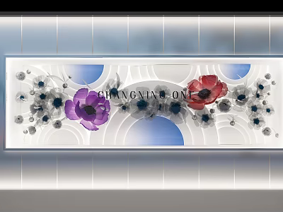 Changning One Shop Window Featuring Purple Red Flowers Blue Circular Decorations And White Background 3d model
