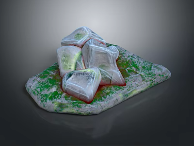 Natural Stone Surface With Green Moss And Plastic Wrapped Ice Cubes On Top 3d model
