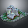 Natural Stone Surface With Green Moss And Plastic Wrapped Ice Cubes On Top