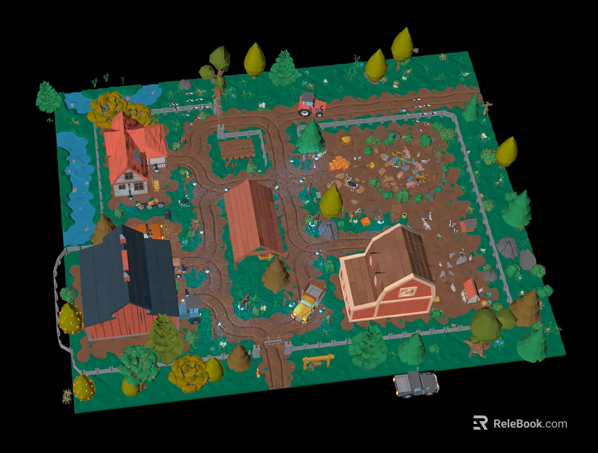 Colorful Cartoon Village Scene With Houses Barn Roads Trees River And Small Vehicles 3d model 