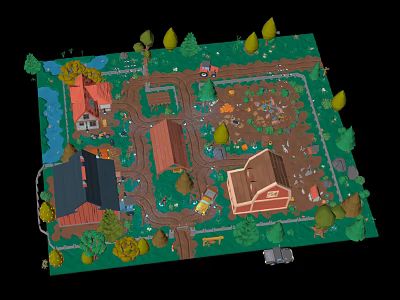 Colorful Cartoon Village Scene With Houses Barn Roads Trees River And Small Vehicles 3d model