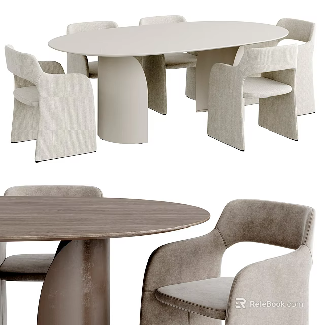 Modern Round Wooden Dining Table And Grey Curved Back Upholstered Chairs Set 3d model 