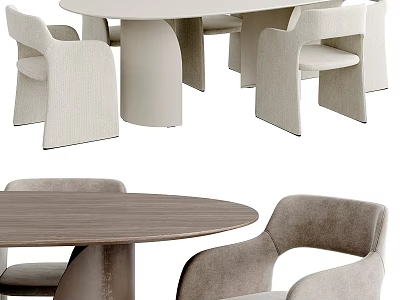 Modern Round Wooden Dining Table And Grey Curved Back Upholstered Chairs Set 3d model