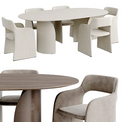 Modern Round Wooden Dining Table And Grey Curved Back Upholstered Chairs Set 3d model