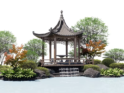 Traditional Style Landscape Pavilion With Curved Roof Green Red Leaf Trees Rocks And Water Flow 3d model