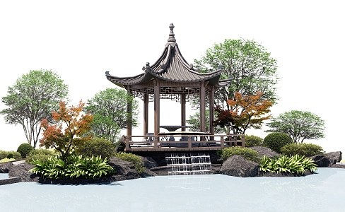 ancient pavilion waterside pavilion landscape platform hydrophilic platform molten iron rockery 3d model