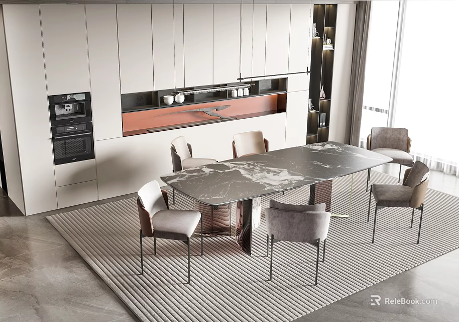 Modern Dining Table Set in Open Kitchen with Marble Top Chairs and Cabinets 3d model