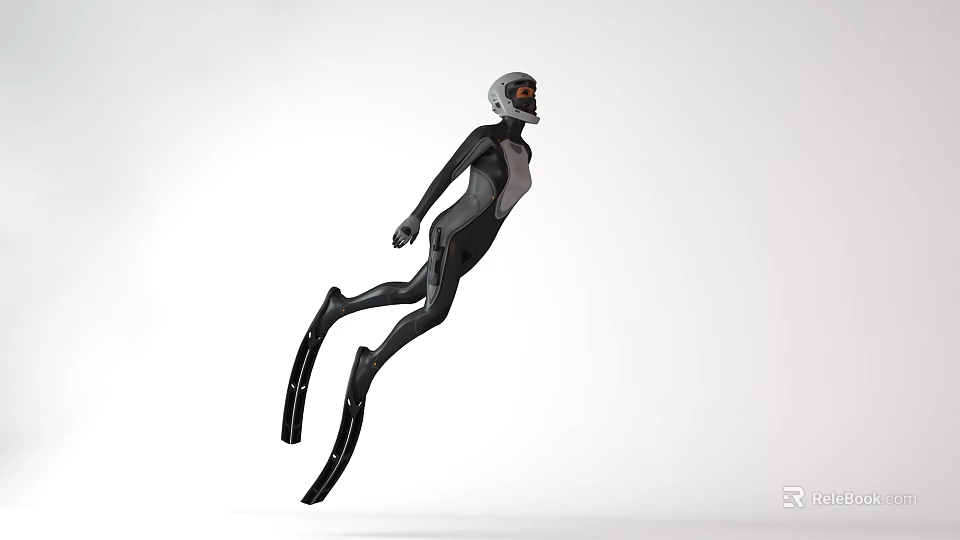 Woman In Black Wetsuit With Helmet Mask And Flippers In Floating Pose 3d model 
