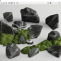 Natural Textured Stone and Wood Elements With Green Mossy Foliage and Organic Shapes
