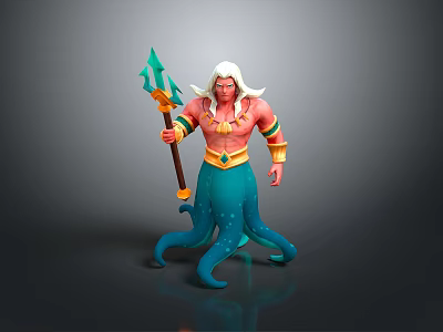 3D Character With White Hair Trident Golden Belt And Blue Octopus Tentacles 3d model