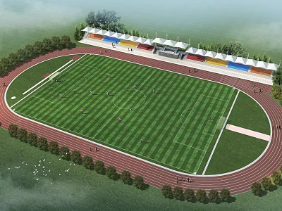 Outdoor Football Stadium With Green Grass Pitch Red Running Track Colorful Seats And Trees 3d model