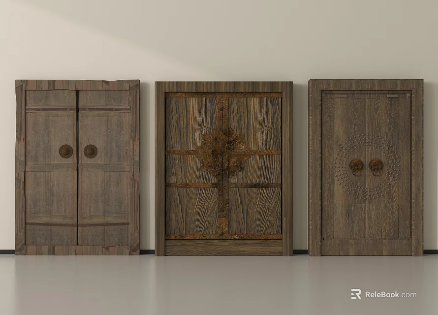 Three Wooden Doors With Different Designs Wood Grain And Decorative Ornaments 3d model 